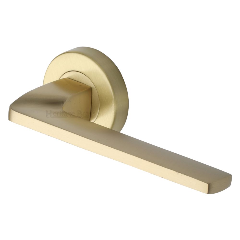 This is an image of a Heritage Brass - Door Handle Lever Latch on Round Rose Metro Angled Design Satin, v3790-sb that is available to order from T.H Wiggans Ironmongery in Kendal.