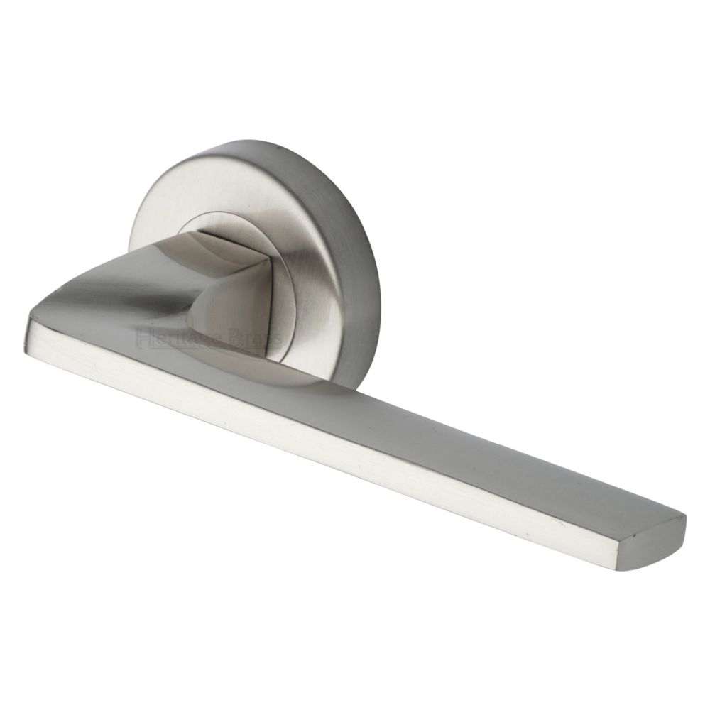 This is an image of a Heritage Brass - Door Handle Lever Latch on Round Rose Metro Angled Design Satin, v3790-sn that is available to order from T.H Wiggans Ironmongery in Kendal.