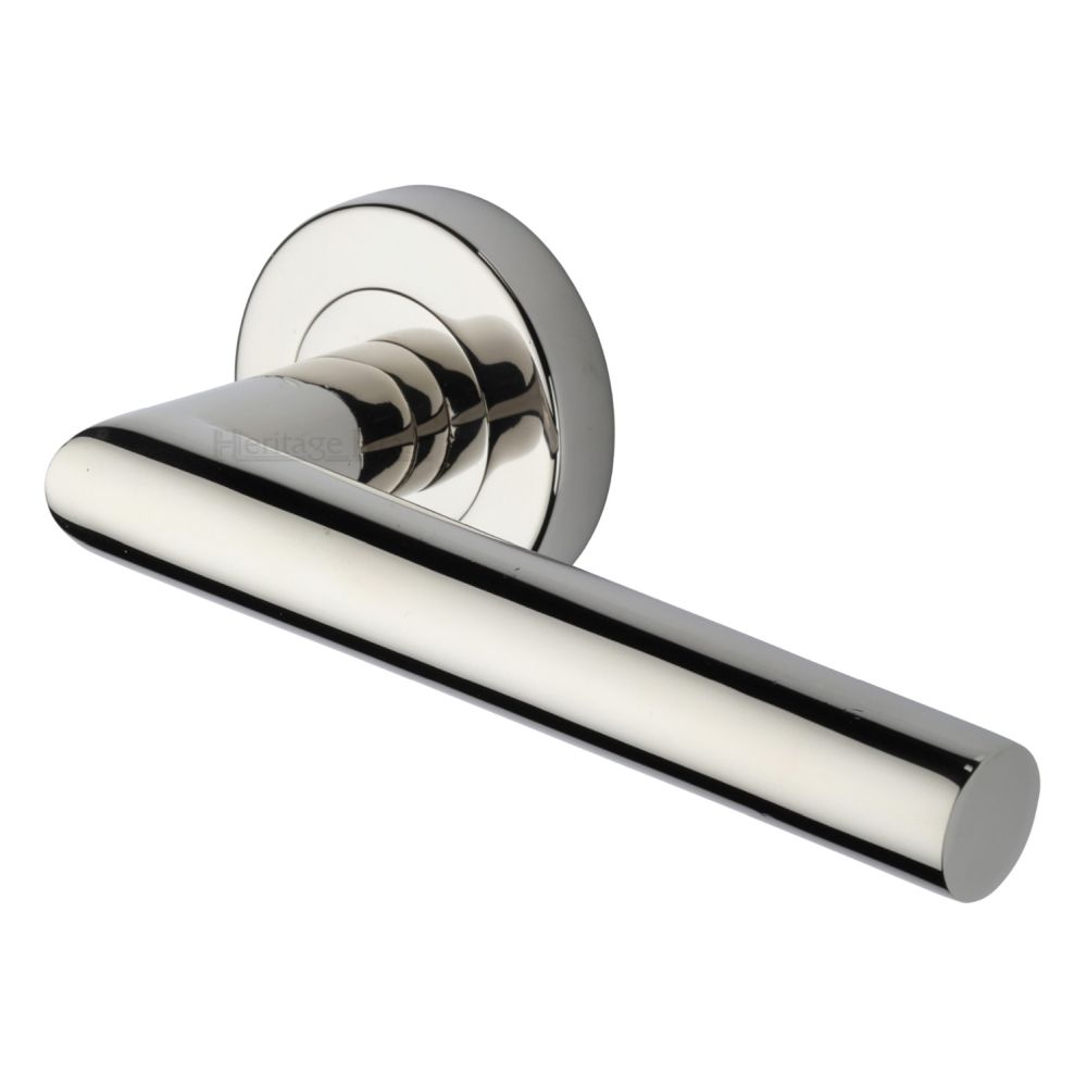 This is an image of a Heritage Brass - Door Handle Lever Latch on Round Rose Athena Design Polished Nickel, v3840-pnf that is available to order from T.H Wiggans Ironmongery in Kendal.