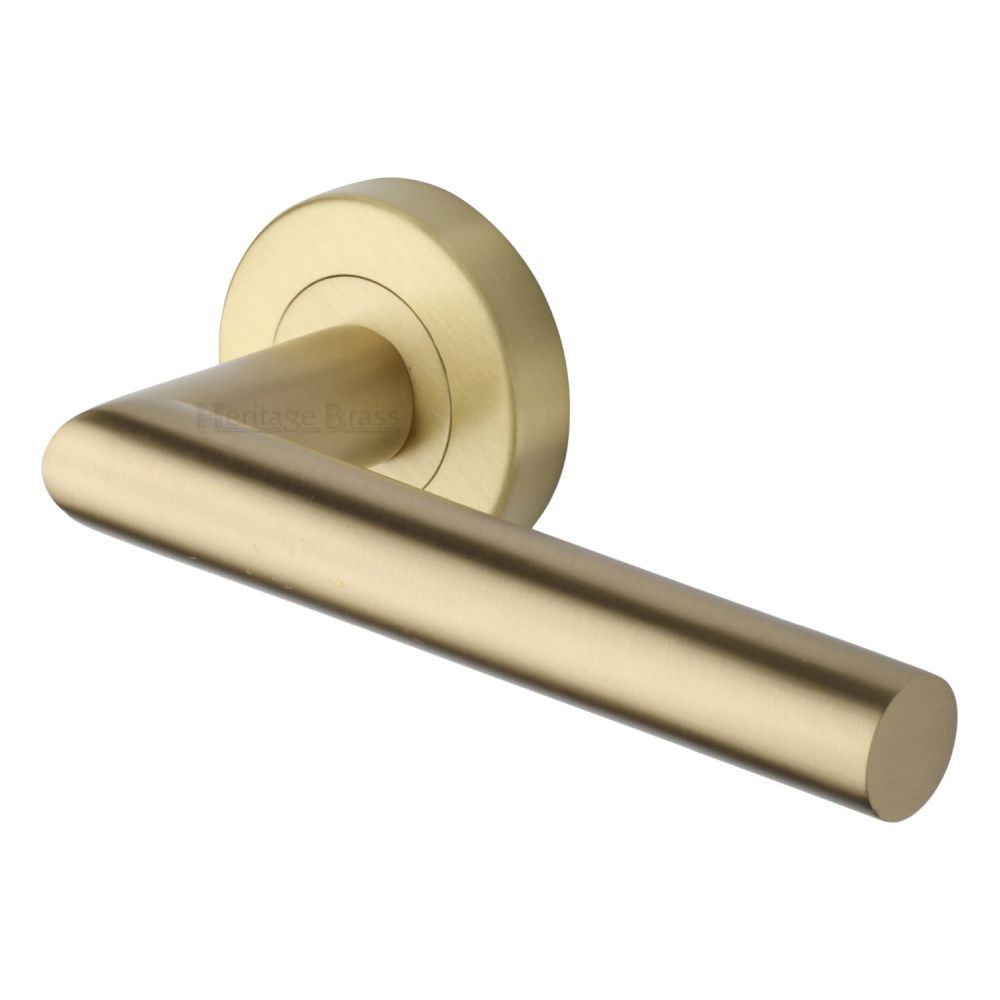 This is an image of a Heritage Brass - Door Handle Lever Latch on Round Rose Athena Design Satin Brass, v3840-sb that is available to order from T.H Wiggans Ironmongery in Kendal.