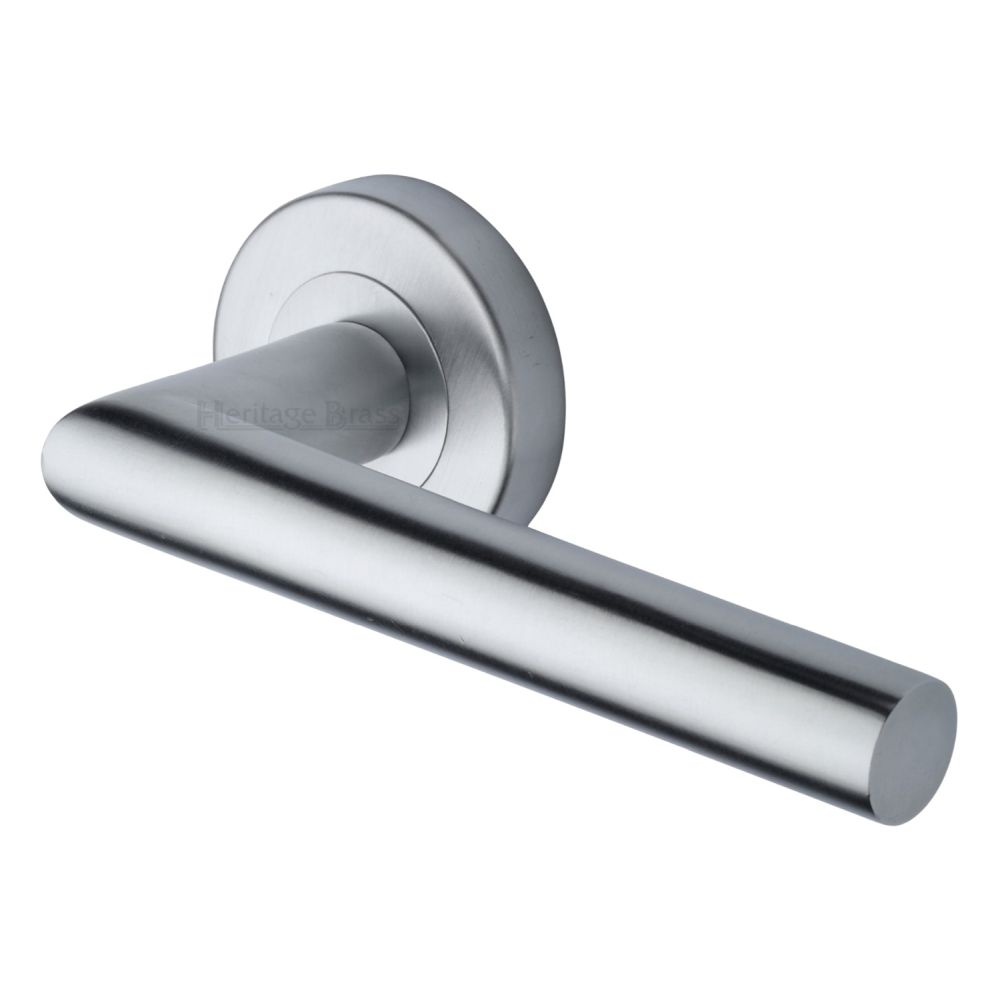This is an image of a Heritage Brass - Door Handle Lever Latch on Round Rose Athena Design Satin Chrome, v3840-sc that is available to order from T.H Wiggans Ironmongery in Kendal.