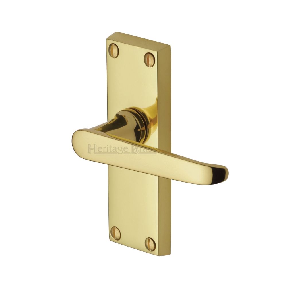 This is an image of a Heritage Brass - Door Handle Lever Latch Victoria Short Design Polished Brass Finish, v3910-pb that is available to order from T.H Wiggans Ironmongery in Kendal.