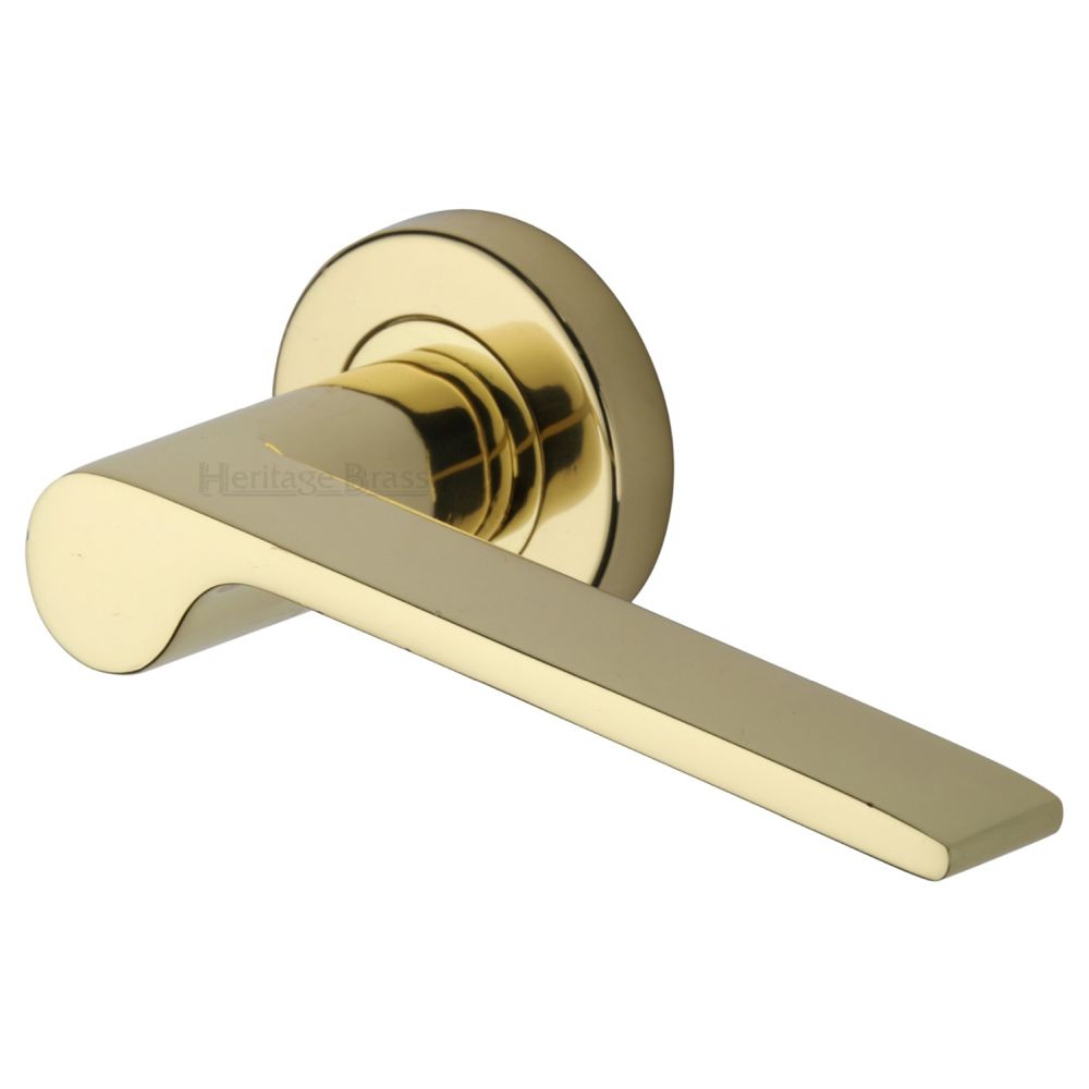 This is an image of a Heritage Brass - Door Handle Lever Latch on Round Rose Julia Design Polished Brass F, v4190-pb that is available to order from T.H Wiggans Ironmongery in Kendal.