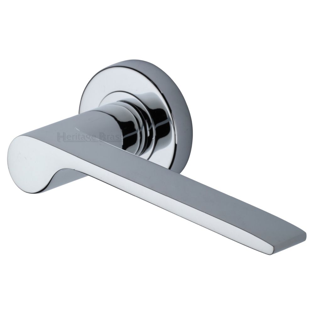 This is an image of a Heritage Brass - Door Handle Lever Latch on Round Rose Julia Design Polished Chrome, v4190-pc that is available to order from T.H Wiggans Ironmongery in Kendal.