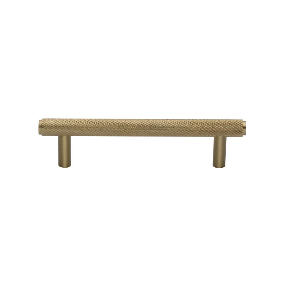 This is an image of a Heritage Brass - Cabinet Pull Knurled Design 96mm CTC Satin Brass Finish, v4458-96-sb that is available to order from T.H Wiggans Ironmongery in Kendal.
