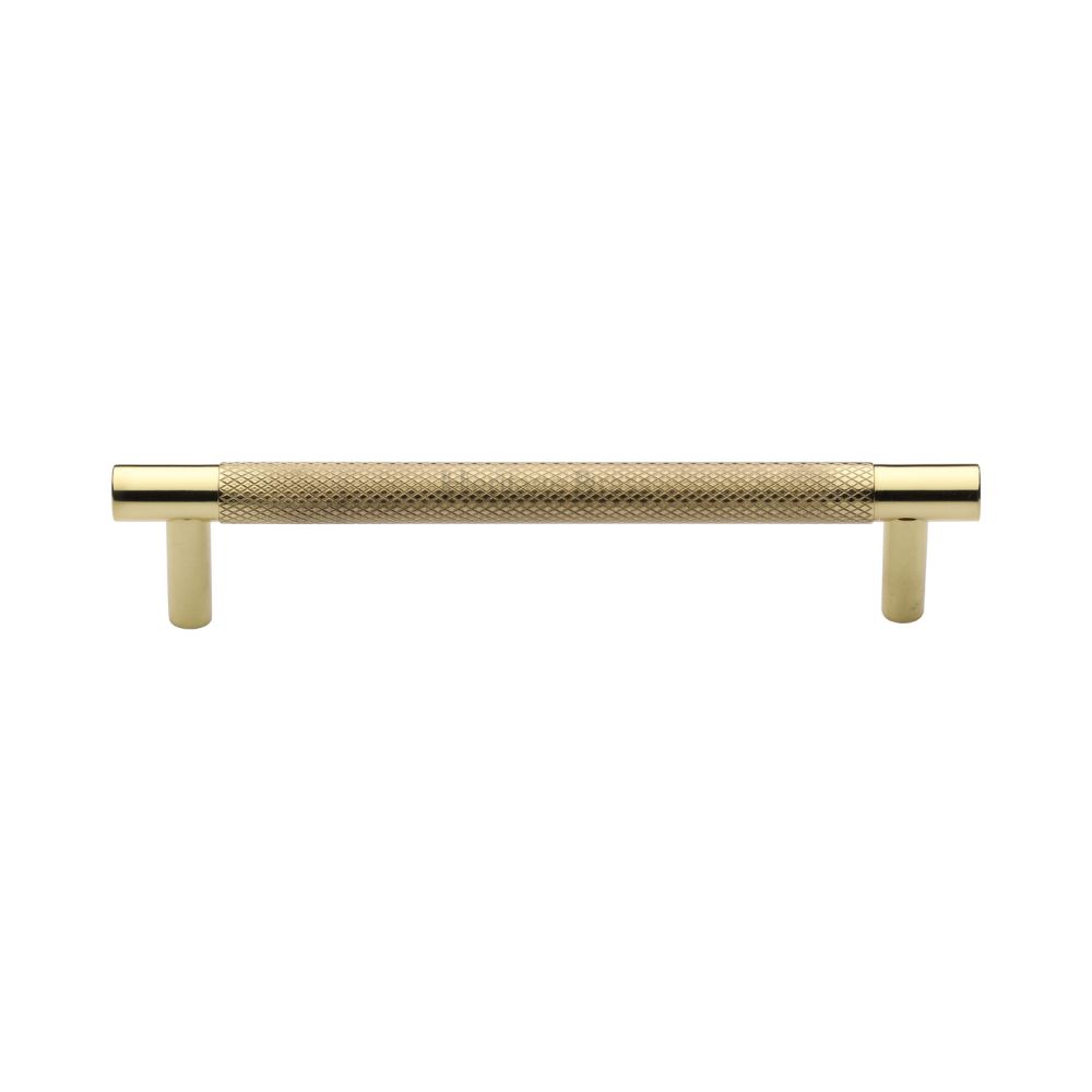 This is an image of a Heritage Brass - Cabinet Pull Partial Knurled Design 128mm CTC Polished Brass Finish, v4461-128-pb that is available to order from T.H Wiggans Ironmongery in Kendal.
