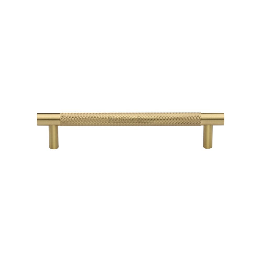 This is an image of a Heritage Brass - Cabinet Pull Partial Knurled Design 128mm CTC Satin Brass Finish, v4461-128-sb that is available to order from T.H Wiggans Ironmongery in Kendal.