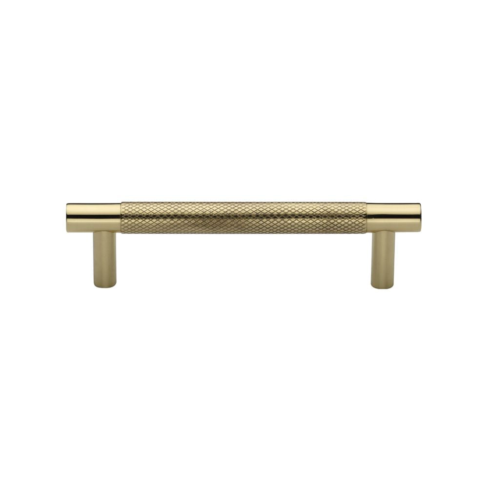 This is an image of a Heritage Brass - Cabinet Pull Partial Knurled Design 96mm CTC Polished Brass Finish, v4461-96-pb that is available to order from T.H Wiggans Ironmongery in Kendal.