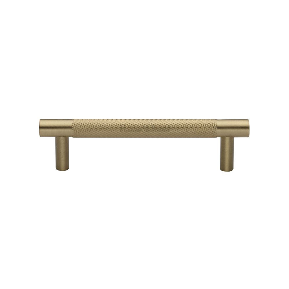 This is an image of a Heritage Brass - Cabinet Pull Partial Knurled Design 96mm CTC Satin Brass Finish, v4461-96-sb that is available to order from T.H Wiggans Ironmongery in Kendal.