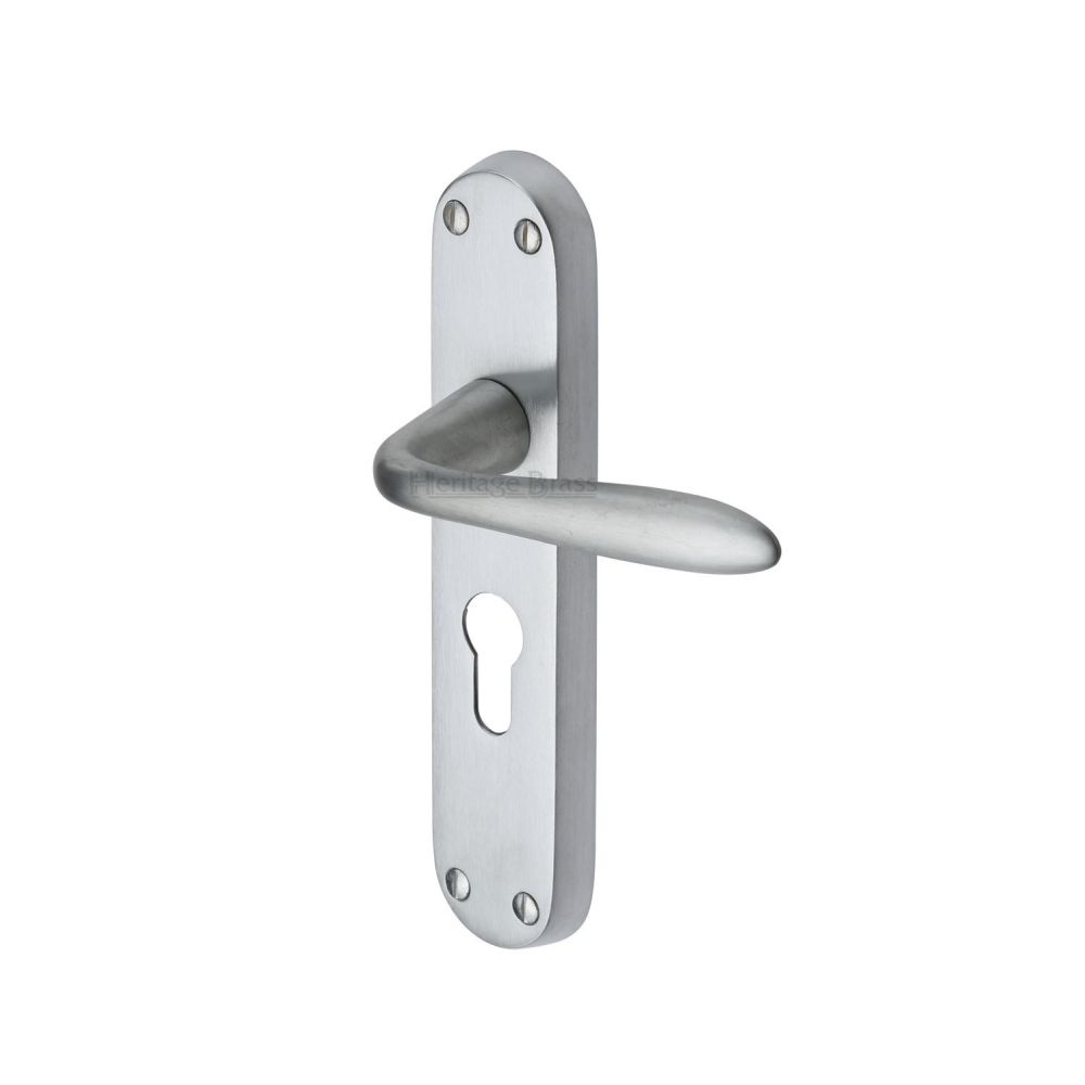 This is an image of a Heritage Brass - Door Handle for Euro Profile Plate Sutton Design Satin Chrome Fi, v6057-sc that is available to order from T.H Wiggans Ironmongery in Kendal.