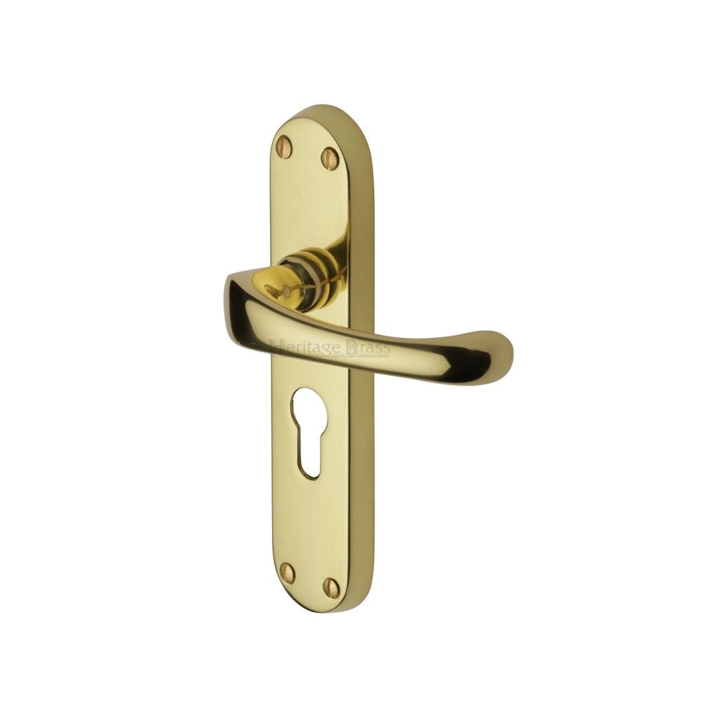 This is an image of a Heritage Brass - Door Handle for Euro Profile Plate Gloucester Design Polished Brass, v6066-48-pb that is available to order from T.H Wiggans Ironmongery in Kendal.