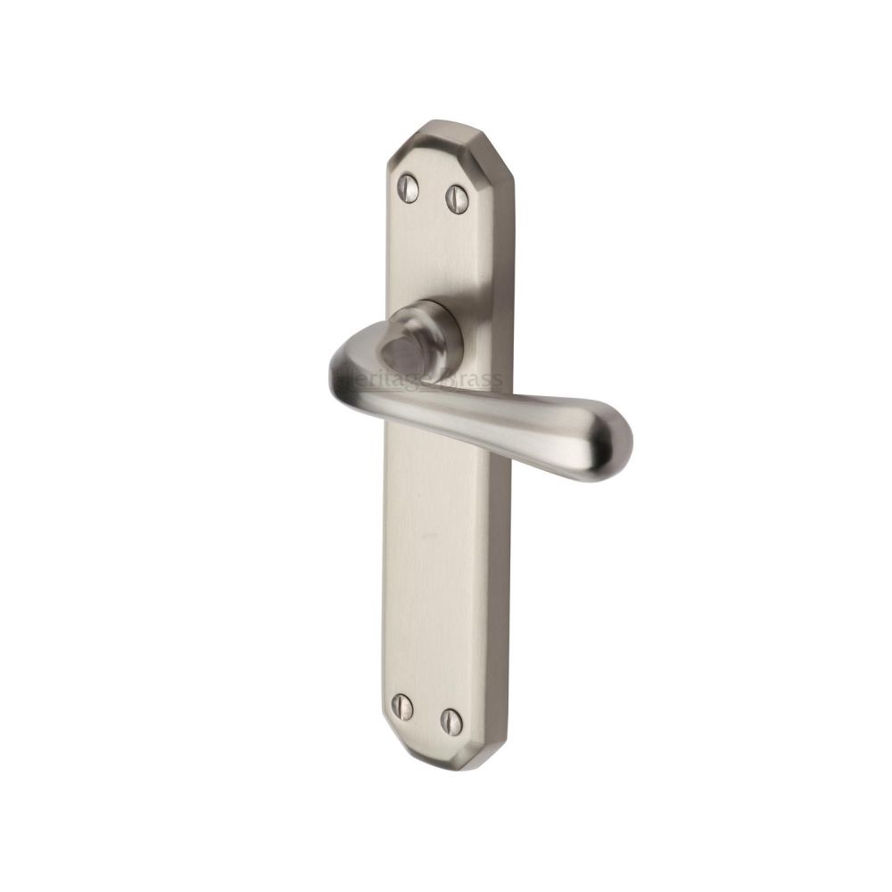 This is an image of a Heritage Brass - Door Handle Lever Latch Charlbury Design Satin Nickel Finish, v7060-sn that is available to order from T.H Wiggans Ironmongery in Kendal.