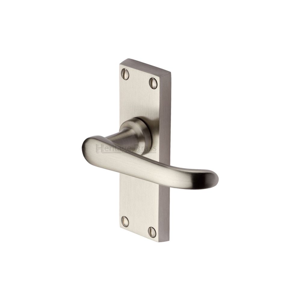 This is an image of a Heritage Brass - Door Handle Lever Latch Windsor Short Design Satin Nickel Finish, v710-sn that is available to order from T.H Wiggans Ironmongery in Kendal.