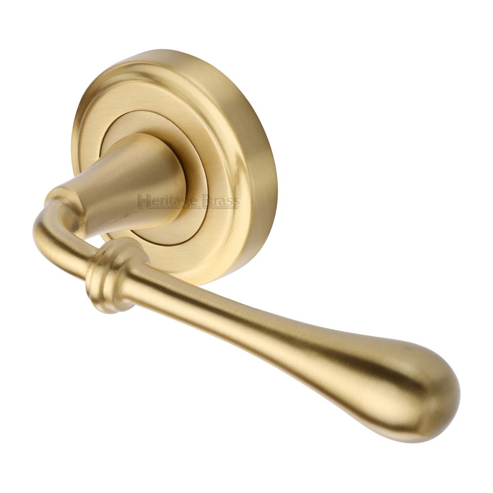 This is an image of a Heritage Brass - Door Handle Lever Latch on Round Rose Roma Design Satin Brass Fi, v7155-sb that is available to order from T.H Wiggans Ironmongery in Kendal.