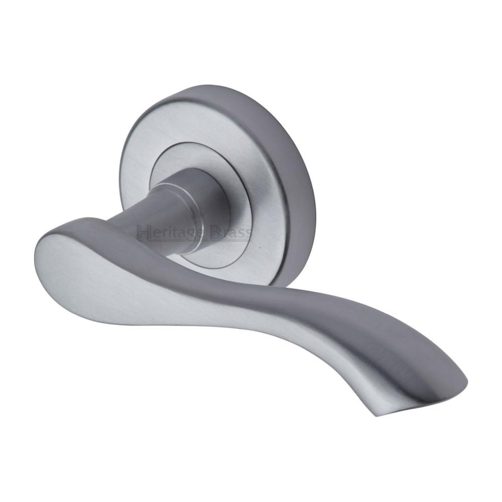This is an image of a Heritage Brass - Door Handle Lever Latch on Round Rose Algarve Design Satin Chrom, v7210-sc that is available to order from T.H Wiggans Ironmongery in Kendal.