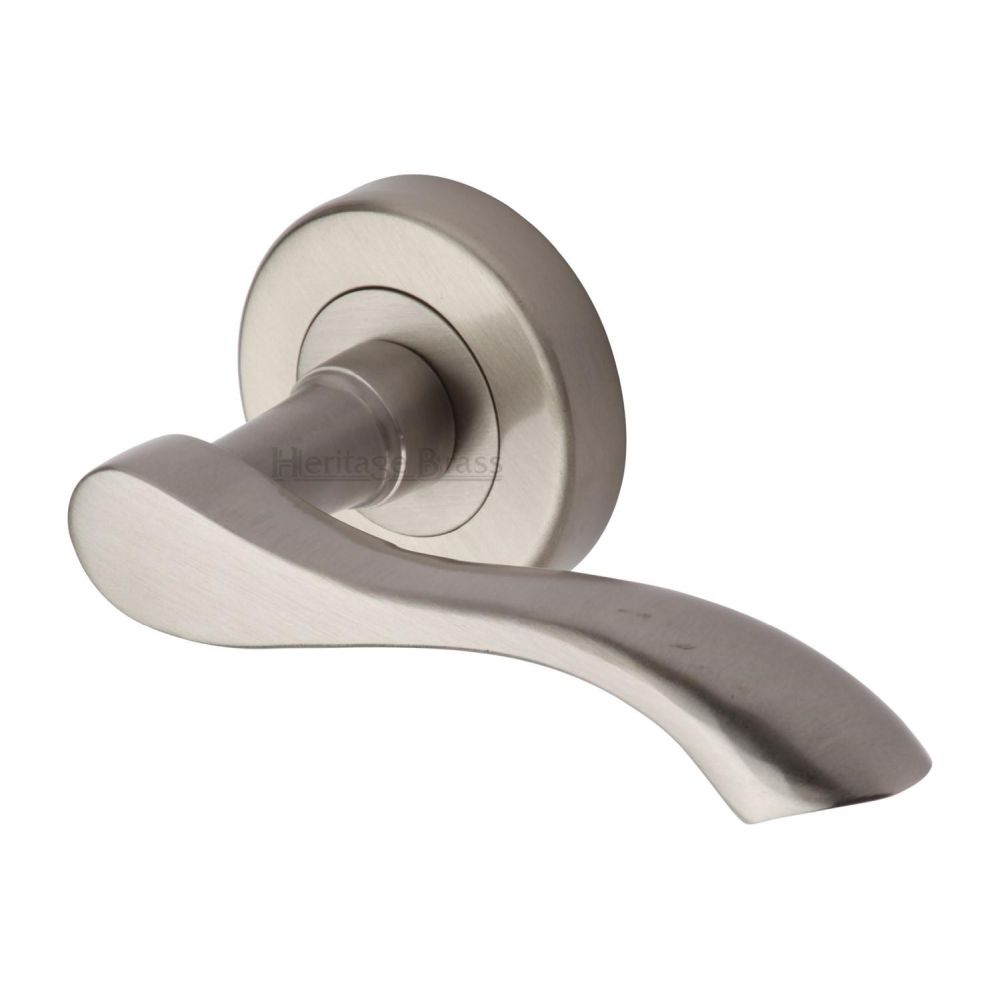 This is an image of a Heritage Brass - Door Handle Lever Latch on Round Rose Algarve Design Satin Nicke, v7210-sn that is available to order from T.H Wiggans Ironmongery in Kendal.