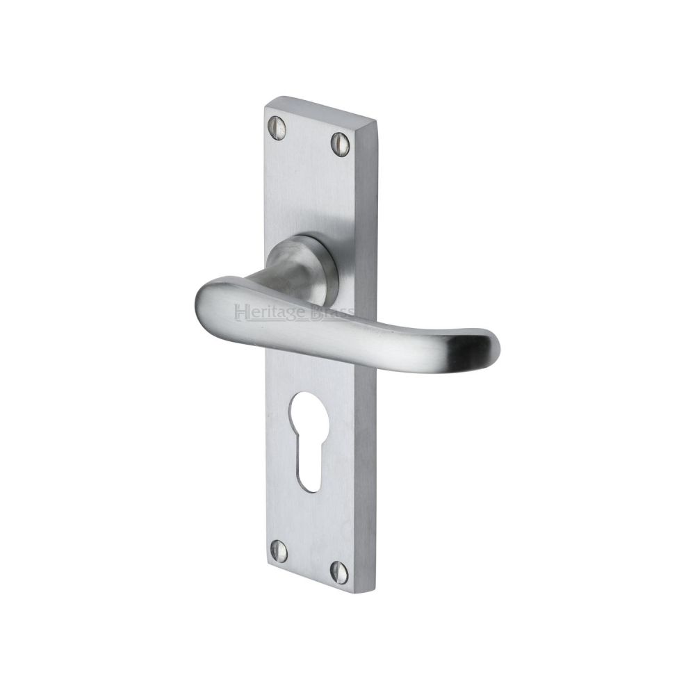 This is an image of a Heritage Brass - Door Handle for Euro Profile Plate Windsor Design Satin Chrome F, v727-48-sc that is available to order from T.H Wiggans Ironmongery in Kendal.