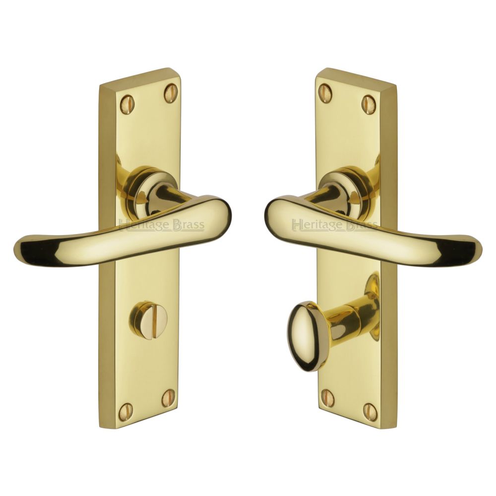 This is an image of a Heritage Brass - Door Handle for Bathroom Windsor Design Polished Brass Finish, v730-pb that is available to order from T.H Wiggans Ironmongery in Kendal.
