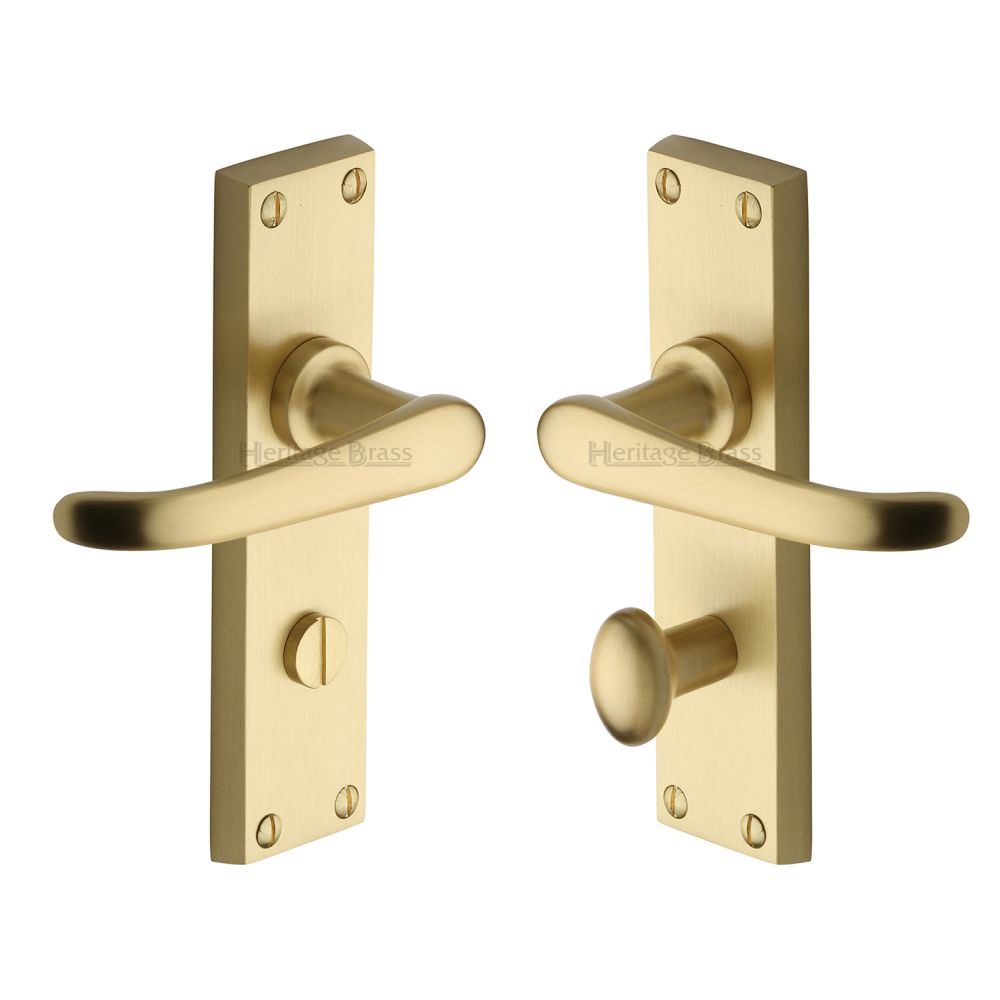 This is an image of a Heritage Brass - Door Handle for Bathroom Windsor Design Satin Brass Finish, v730-sb that is available to order from T.H Wiggans Ironmongery in Kendal.