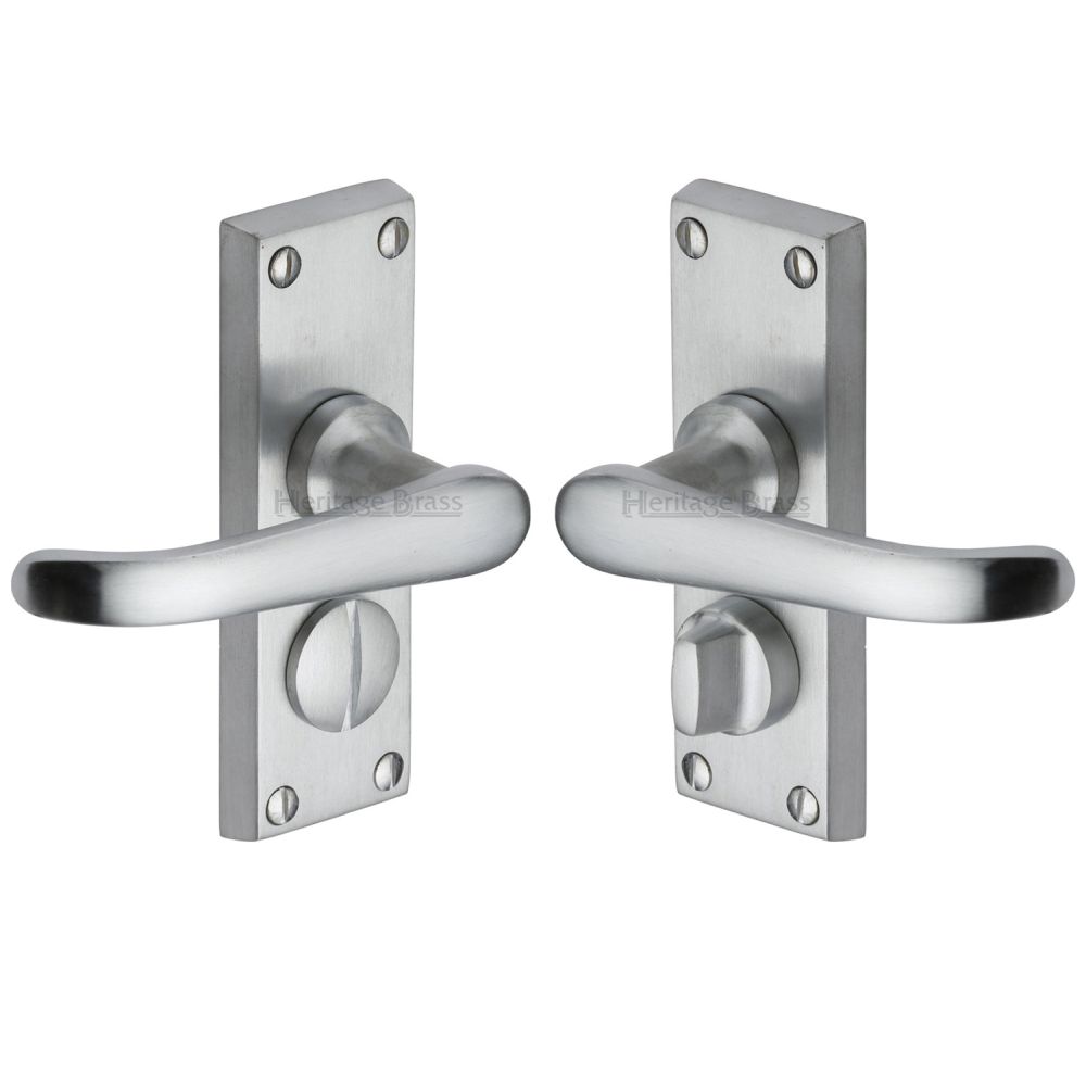 This is an image of a Heritage Brass - Door Handle for Privacy Set Windsor Short Design Satin Chrome Fi, v735-sc that is available to order from T.H Wiggans Ironmongery in Kendal.