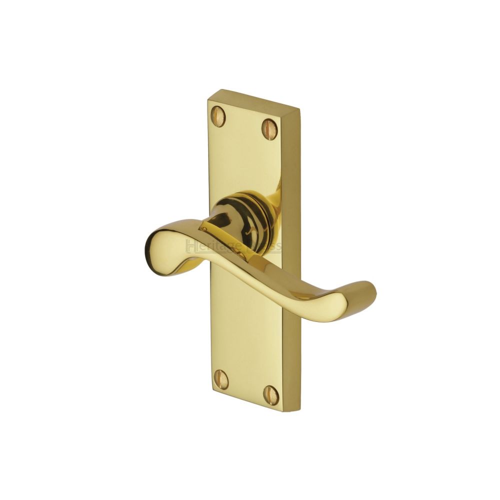 This is an image of a Heritage Brass - Door Handle Lever Latch Bedford Short Design Polished Brass Finish, v800-pb that is available to order from T.H Wiggans Ironmongery in Kendal.
