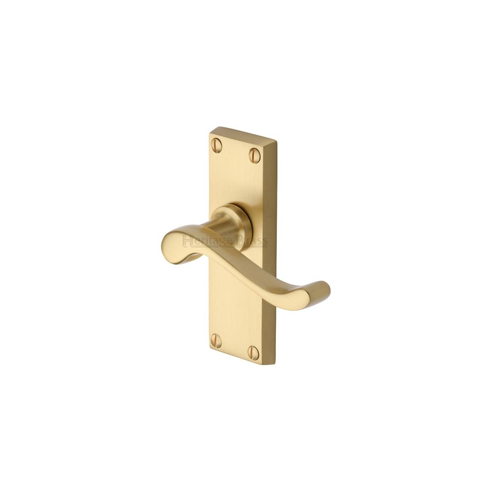 This is an image of a Heritage Brass - Door Handle Lever Latch Bedford Short Design Satin Brass Finish, v800-sb that is available to order from T.H Wiggans Ironmongery in Kendal.