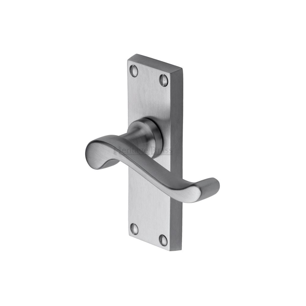 This is an image of a Heritage Brass - Door Handle Lever Latch Bedford Short Design Satin Chrome Finish, v800-sc that is available to order from T.H Wiggans Ironmongery in Kendal.