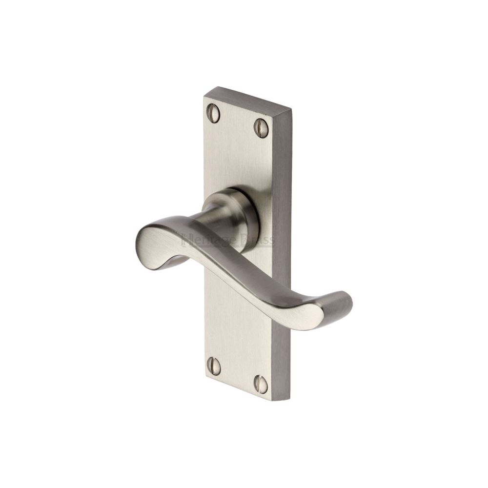 This is an image of a Heritage Brass - Door Handle Lever Latch Bedford Short Design Satin Nickel Finish, v800-sn that is available to order from T.H Wiggans Ironmongery in Kendal.