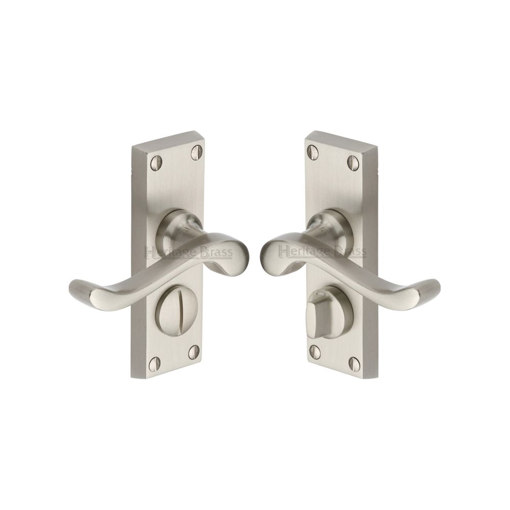 This is an image of a Heritage Brass - Door Handle for Privacy Set Bedford Short Design Satin Nickel Fi, v825-sn that is available to order from T.H Wiggans Ironmongery in Kendal.