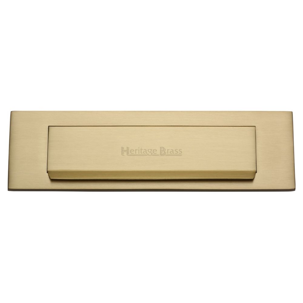 This is an image of a Heritage Brass - Gravity Letterplate 280 x 80mm - Satin Brass Finish, v842-sb that is available to order from T.H Wiggans Ironmongery in Kendal.