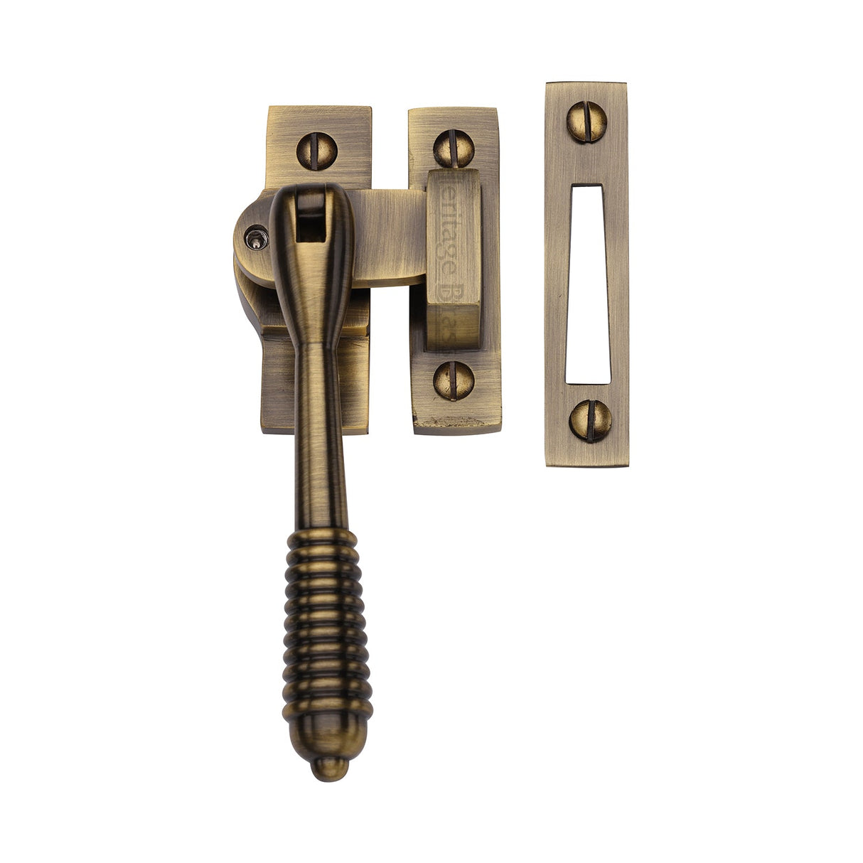 This is an image of a Heritage Brass - Lockable Mortice & Hook Plate Casement Fastener Reeded Design Antique Brass finish, v894l-mp-hp-at that is available to order from T.H Wiggans Ironmongery in Kendal.