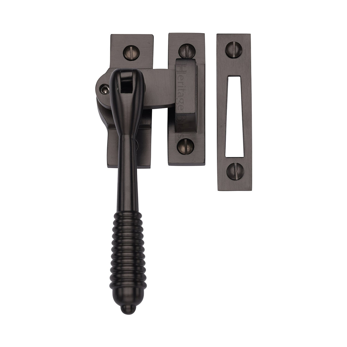 This is an image of a Heritage Brass - Lockable Mortice & Hook Plate Casement Fastener Reeded Design Matt Bronze finish, v894l-mp-hp-mb that is available to order from T.H Wiggans Ironmongery in Kendal.