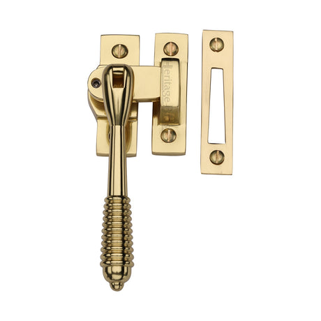 This is an image of a Heritage Brass - Lockable Mortice &amp; Hook Plate Casement Fastener Reeded Design Polished Brass finish, v894l-mp-hp-pb that is available to order from T.H Wiggans Ironmongery in Kendal.