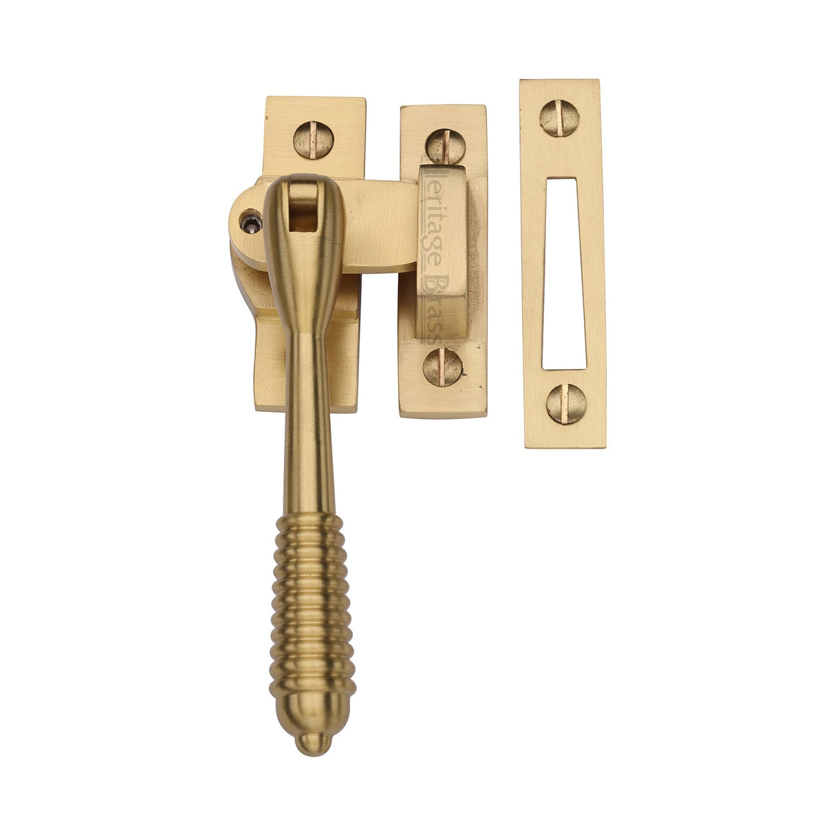 This is an image of a Heritage Brass - Lockable Mortice & Hook Plate Casement Fastener Reeded Design Satin Brass finish, v894l-mp-hp-sb that is available to order from T.H Wiggans Ironmongery in Kendal.