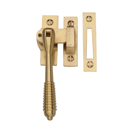 This is an image of a Heritage Brass - Lockable Mortice &amp; Hook Plate Casement Fastener Reeded Design Satin Brass finish, v894l-mp-hp-sb that is available to order from T.H Wiggans Ironmongery in Kendal.
