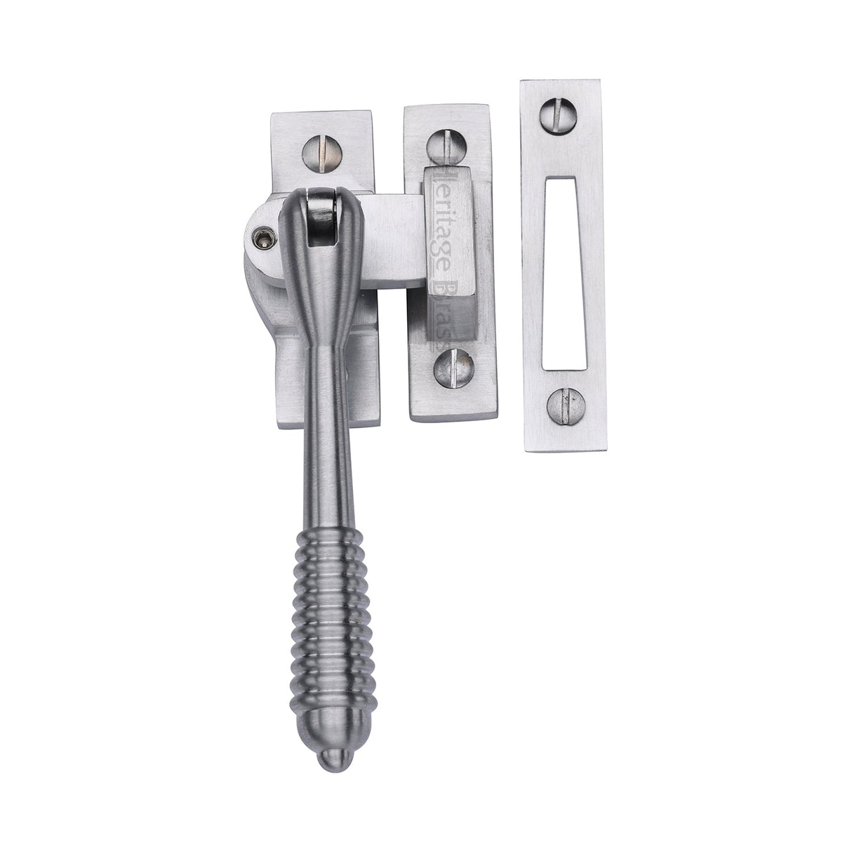 This is an image of a Heritage Brass - Lockable Mortice & Hook Plate Casement Fastener Reeded Design Satin Chrome finish, v894l-mp-hp-sc that is available to order from T.H Wiggans Ironmongery in Kendal.