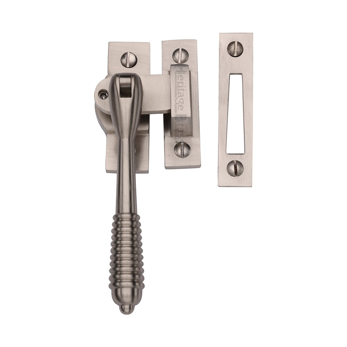 This is an image of a Heritage Brass - Lockable Mortice & Hook Plate Casement Fastener Reeded Design Satin Nickel finish, v894l-mp-hp-sn that is available to order from T.H Wiggans Ironmongery in Kendal.