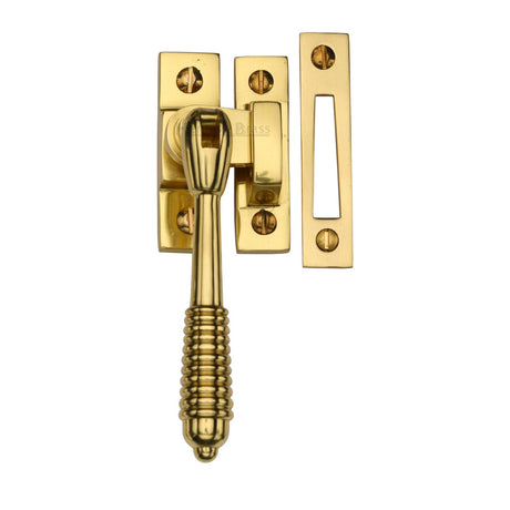 This is an image of a Heritage Brass - Mortice & Hook Plate Casement Fastener Reeded Design Polished Brass finish, v894-mp-hp-pb that is available to order from T.H Wiggans Ironmongery in Kendal.