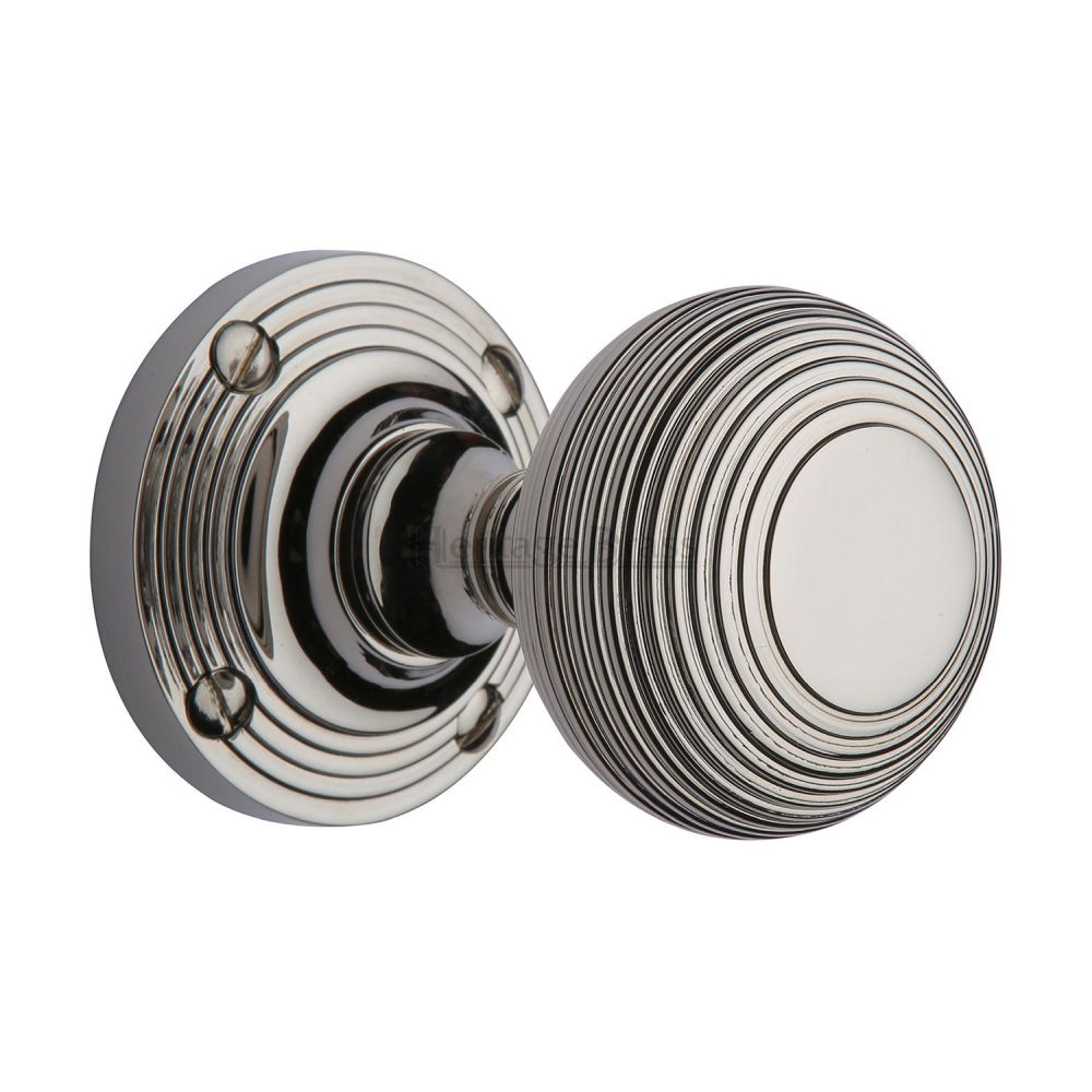 This is an image of a Heritage Brass - Mortice Knob on Rose Reeded Design Polished Nickel Finish, v971-pnf that is available to order from T.H Wiggans Ironmongery in Kendal.