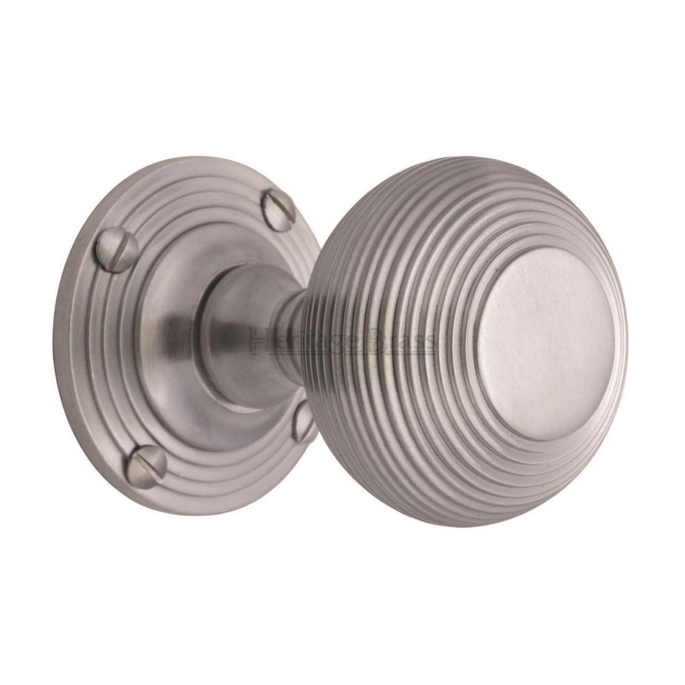 This is an image of a Heritage Brass - Mortice Knob on Rose Reeded Design Satin Chrome Finish, v971-sc that is available to order from T.H Wiggans Ironmongery in Kendal.