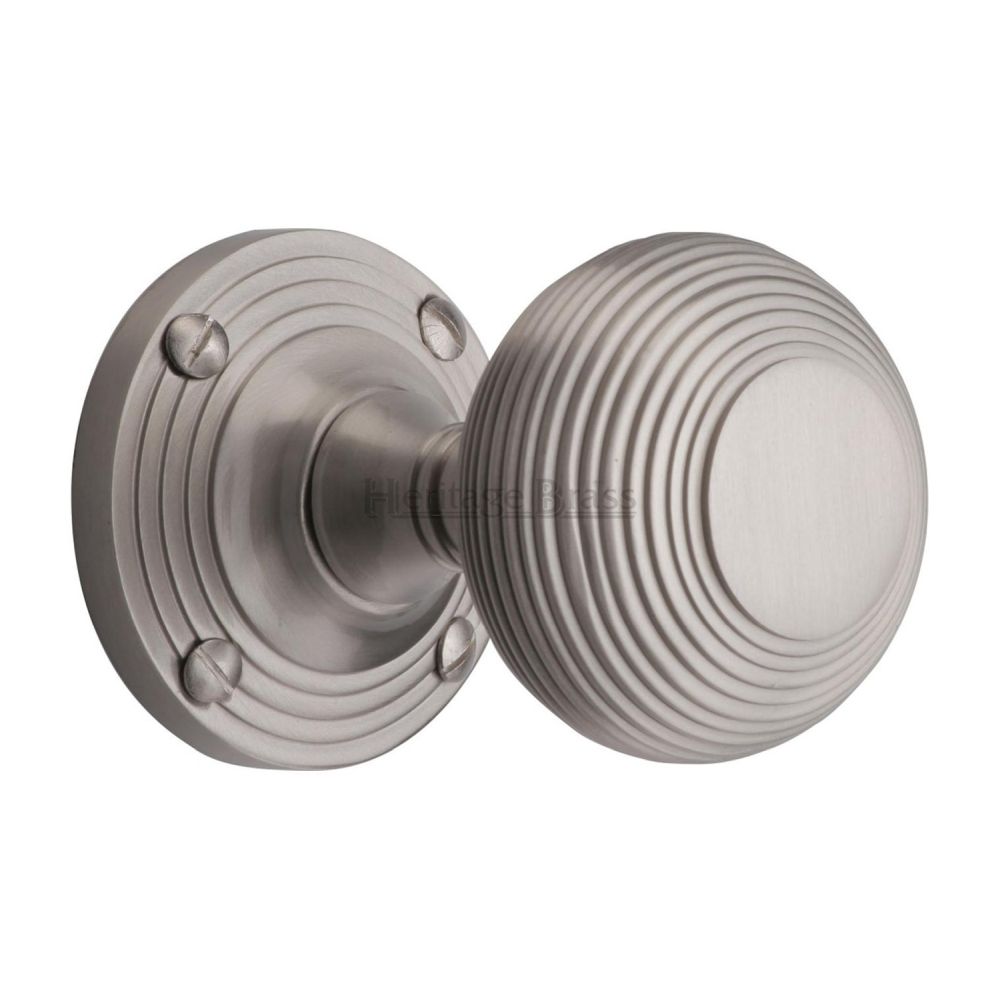 This is an image of a Heritage Brass - Mortice Knob on Rose Reeded Design Satin Nickel Finish, v971-sn that is available to order from T.H Wiggans Ironmongery in Kendal.