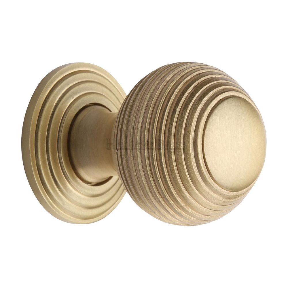 This is an image of a Heritage Brass - Cabinet Knob Reeded Design 32mm Satin Brass Finish, v973-32-sb that is available to order from T.H Wiggans Ironmongery in Kendal.