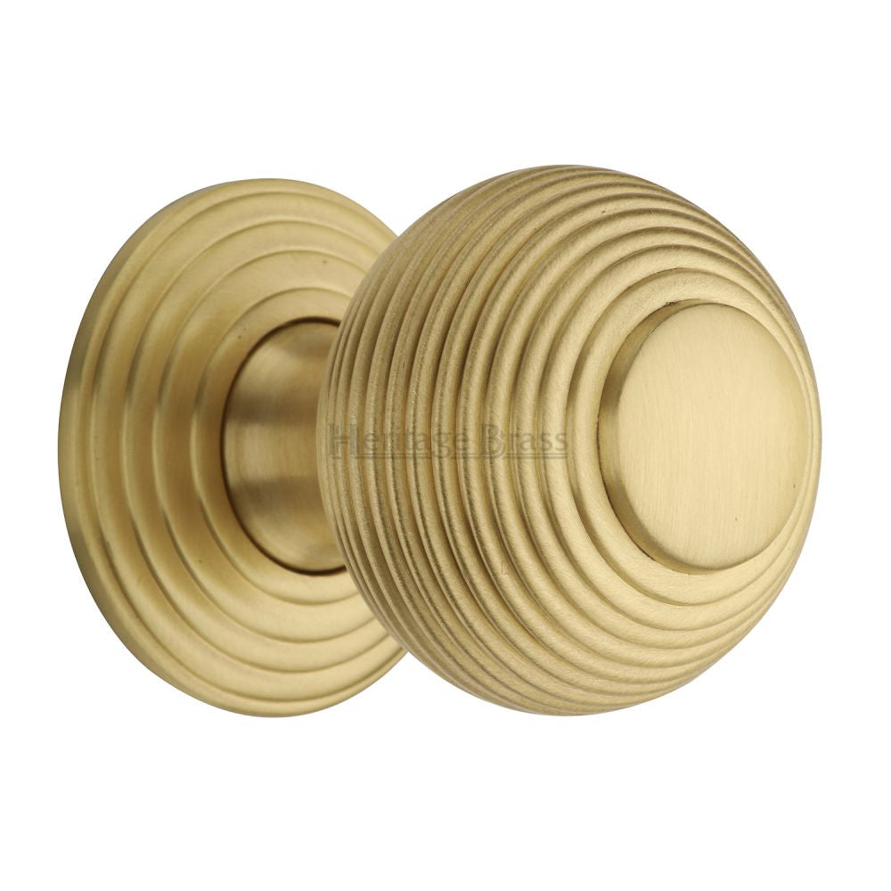 This is an image of a Heritage Brass - Cabinet Knob Reeded Design 38mm Satin Brass Finish, v973-38-sb that is available to order from T.H Wiggans Ironmongery in Kendal.