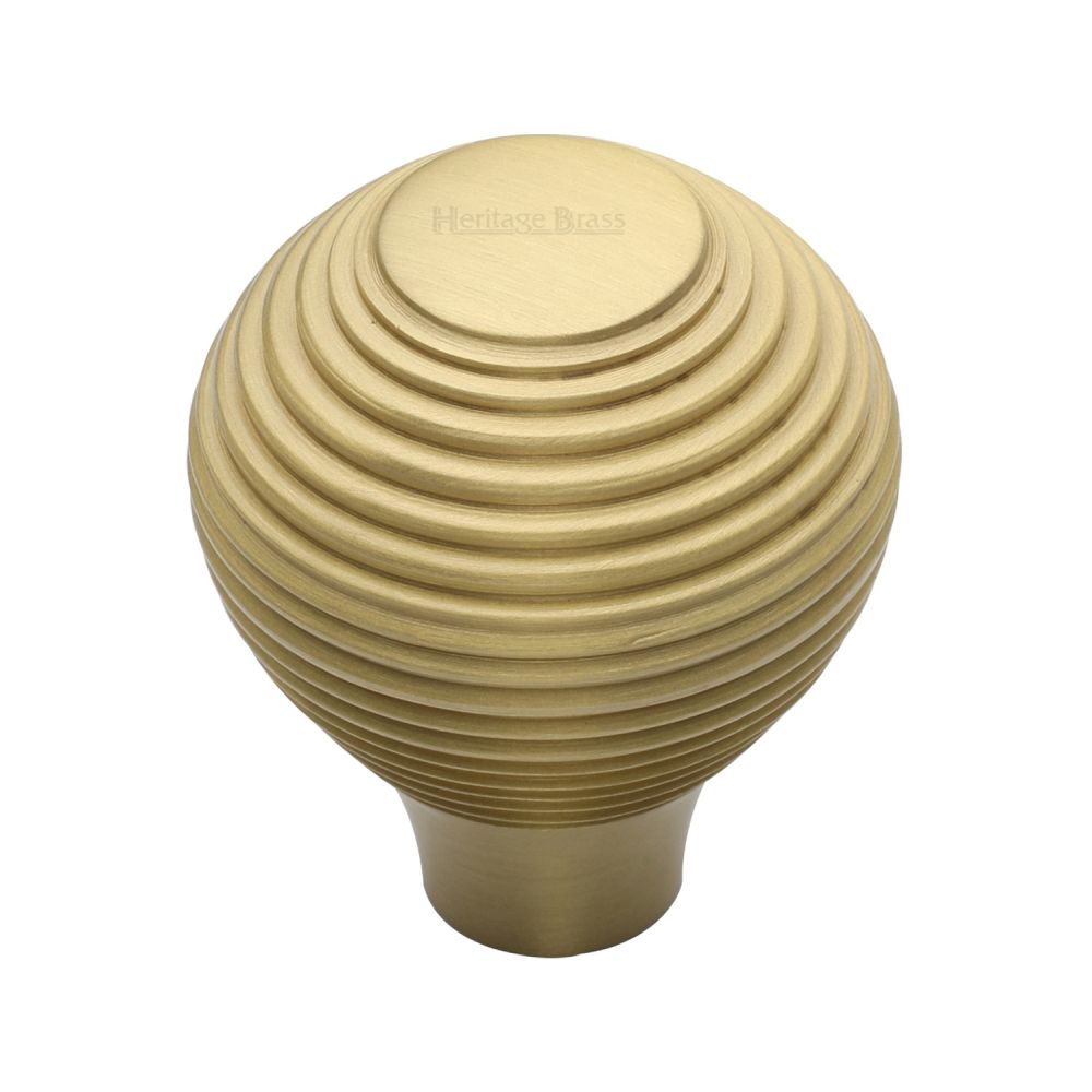 This is an image of a Heritage Brass - Cabinet Knob Reeded Design 32mm Satin Brass Finish, v974-32-sb that is available to order from T.H Wiggans Ironmongery in Kendal.