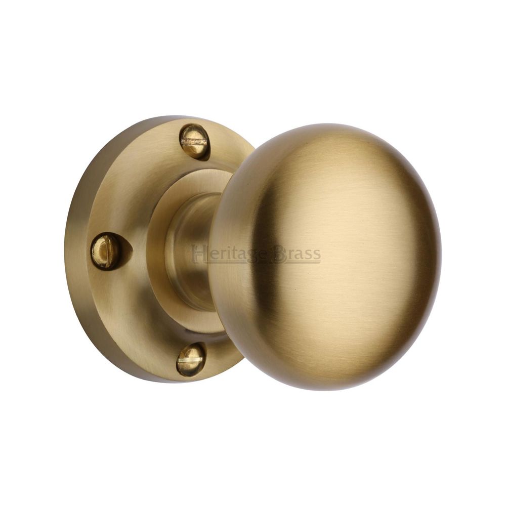 This is an image of a Heritage Brass - Mortice Knob on Rose Victoria Design Satin Brass Finish, v980-sb that is available to order from T.H Wiggans Ironmongery in Kendal.