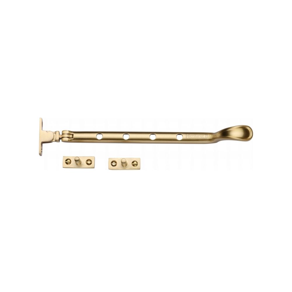 This is an image of a Heritage Brass - Casement Window Stay Spoon Pattern 10" Satin Brass Finish, v990-10-sb that is available to order from T.H Wiggans Ironmongery in Kendal.