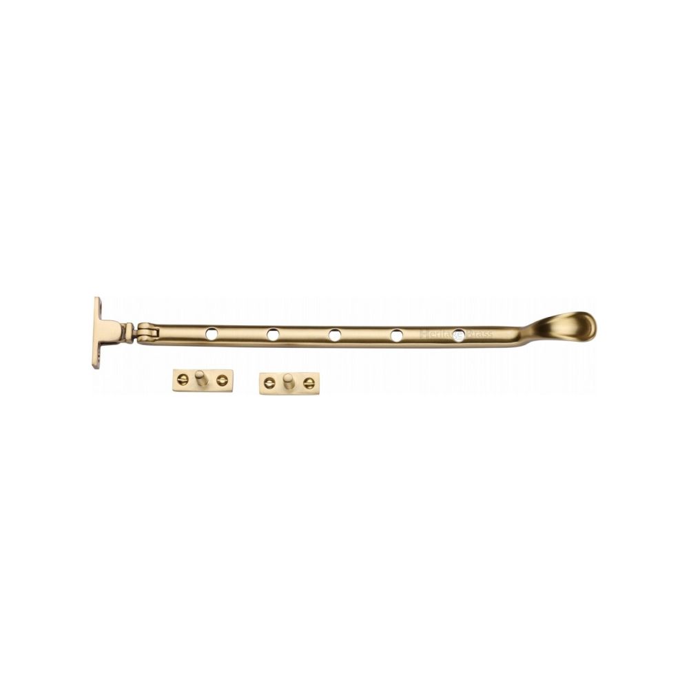 This is an image of a Heritage Brass - Casement Window Stay Spoon Pattern 12" Satin Brass Finish, v990-12-sb that is available to order from T.H Wiggans Ironmongery in Kendal.