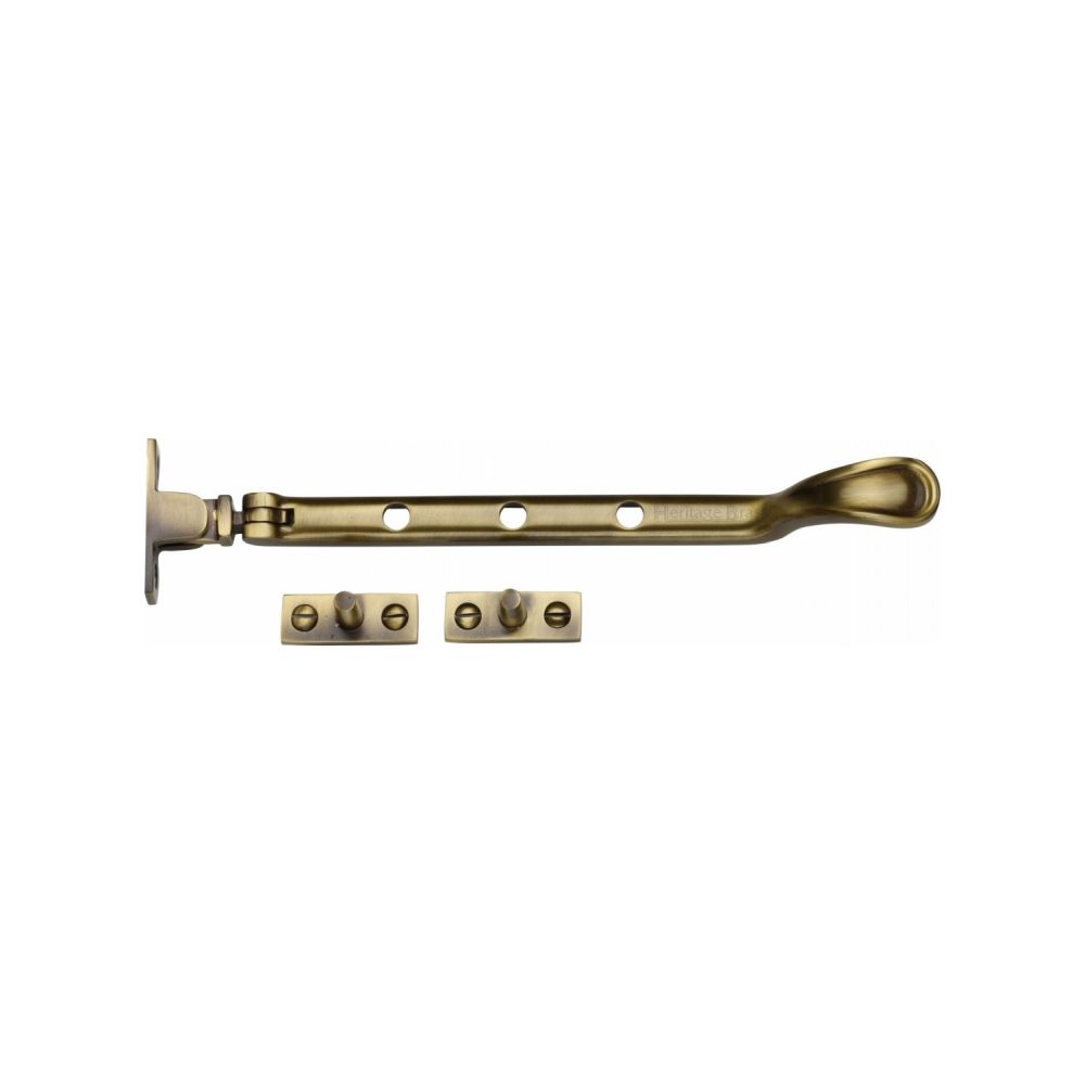 This is an image of a Heritage Brass - Casement Window Stay Spoon Pattern 8" Antique Brass Finish, v990-8-at that is available to order from T.H Wiggans Ironmongery in Kendal.