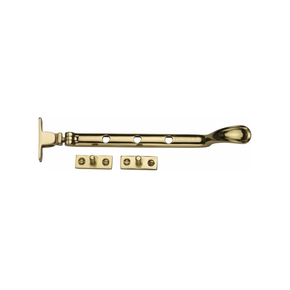 This is an image of a Heritage Brass - Casement Window Stay Spoon Pattern 8" Polished Brass Finish, v990-8-pb that is available to order from T.H Wiggans Ironmongery in Kendal.