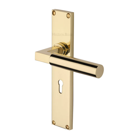 This is an image of a Heritage Brass - Bauhaus Lever Lock Door Handle on 200mm Plate Polished Brass finish, vt6300-pb that is available to order from T.H Wiggans Ironmongery in Kendal.